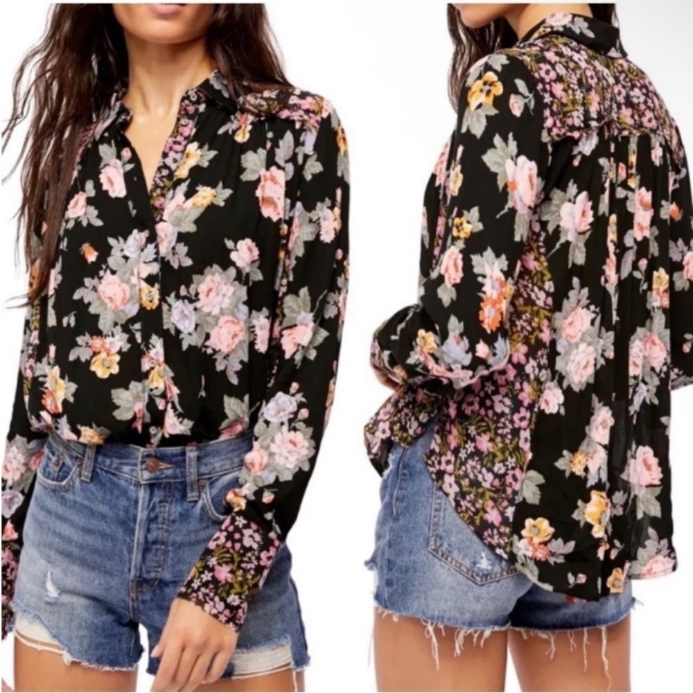 FREE PEOPLE | Hold On To Me Floral Black Button Down Blouse Women’s Size Small